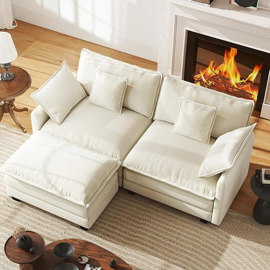 WorthFurni 77 Inch L Shape Cloud Sofa Modular Sectional Couch with Ottoman, Comfy Chenille Deep Seat Loveseat with Pillow for Living Room Bedroom Apartment （Beige）