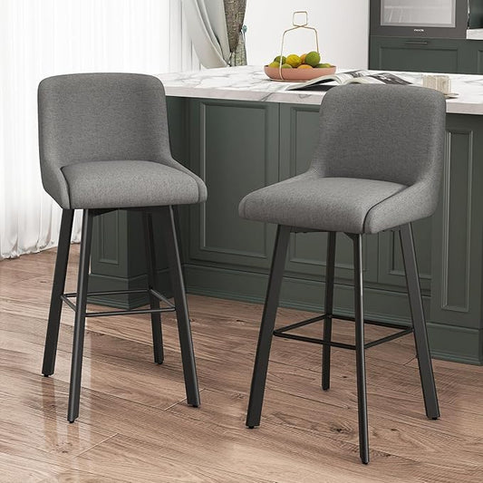 Swivel Bar Stools Set of 2, 30''H Upholstered Barstools with Backs, Modern Counter Height Bar Stool Chairs for Kitchen Island, Metal Legs, Fabric, Gray Counter Stools