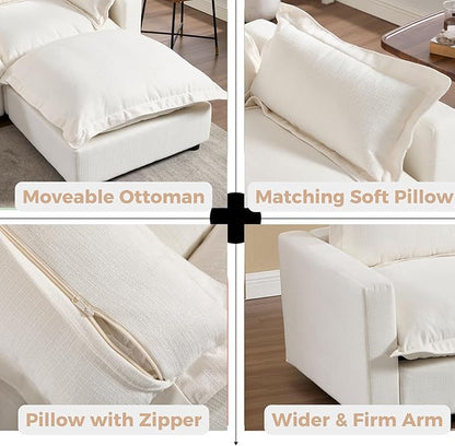 chairus 126" Modular Sectional Sofa with 2 Moveable Ottoman Upholstered Deep Seat Linen Couch Set with Soft Pillows U Shaped Sofa Couch for Living Room, Apartment, Reception Room, 4-Seater/White