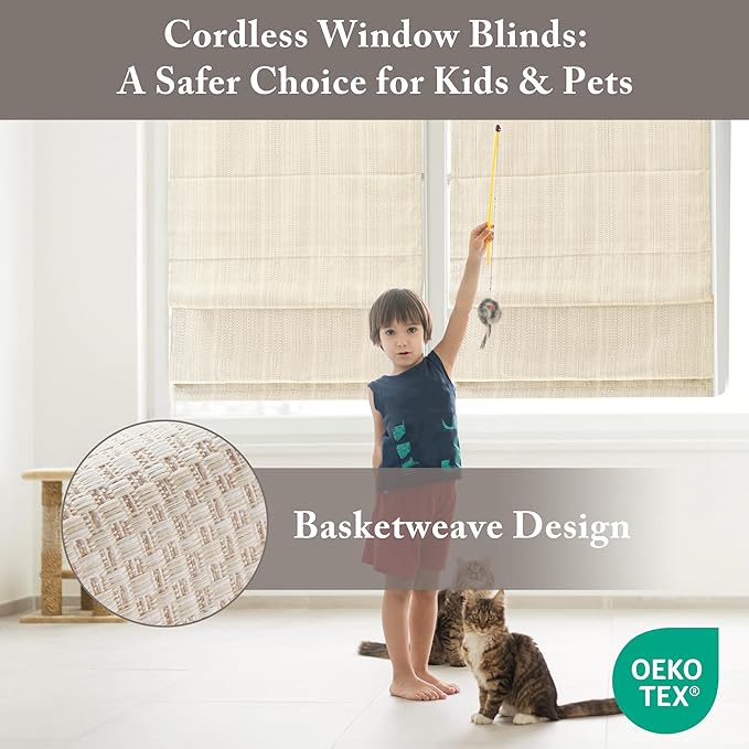Madison Park Galen Matte Linen Cordless Roman Shades - Fabric Privacy Single Panel Darkening, Energy Efficient, Thermal Insulated Window Blind Treatment, for Home, Living Room Decor, 27" W x 64" H