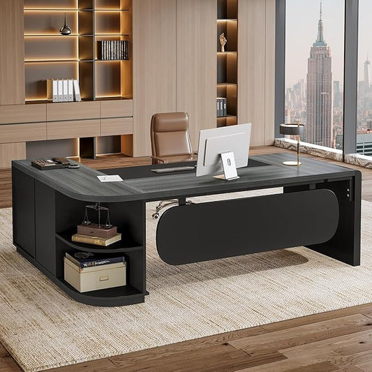 Tribesigns 81-Inch L-Shaped Executive Desk, Large Modern Office Desk with Drawers and File Cabinet for Home or Business Workspace, Grey & Black Computer Desk with Storage Shelves