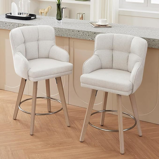 360°Swivel Counter Height Bar Stools with Back, 26 inch Solid Wood Legs, Bar Stool Modern Kitchen Island Chairs, Fabric (Beige- Fabric, 26" H- Set of 2)