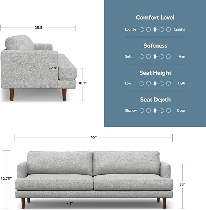 SIMPLIHOME Livingston 90-inch Wide Sofa in Mist Grey Woven-Blend Fabric, Handcrafted Mid-Century Modern Oversized 3-Seater Couch Sofa for Living Room or Family Room, Solid Wood Frame