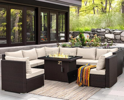 NICESOUL 9 Piece Modern Extra-Large Outdoor Patio Sectionals with Fire Pit Table Natural Gas & Propane, 29.3'' High Back Comfortable Conversations for Outside, Deep Seating Modular Sofa Couches, Tan