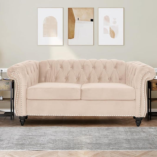 Velvet Loveseat Sofa, Mid Century Modern Upholstered Couch, 62" Oversized Comfy 2 Seater Love Seat Couch with Cushions, Tufted Chesterfield Sofa for Living Room, Bedroom, Apartment (Beige)