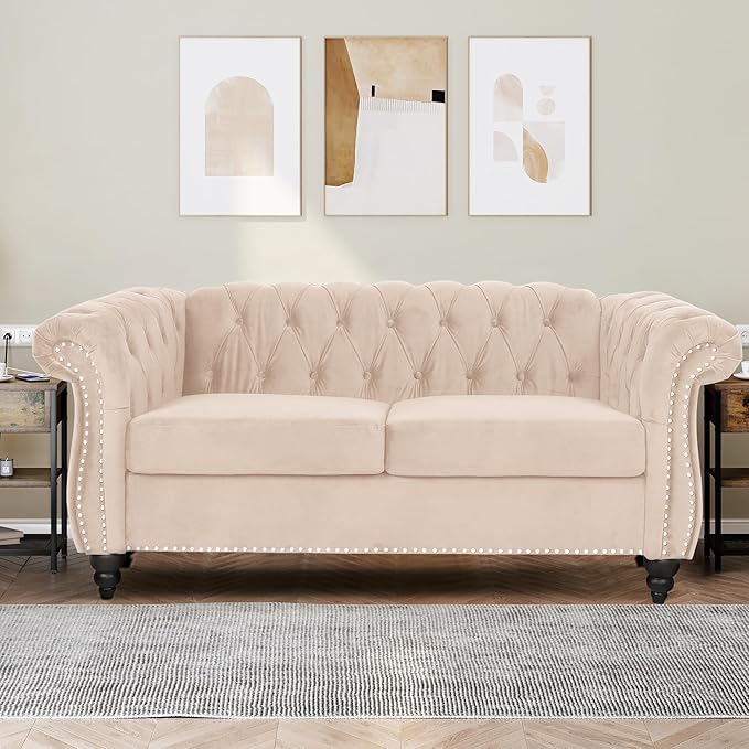 Living Room Velvet Sofa and Loveseat set, Mid Century Modern Upholstered Couch with Cushions, 2-Piece Home Sofa Furniture Sets, Comfy Tufted Chesterfield Couches for Living Room, Bedroom, Office