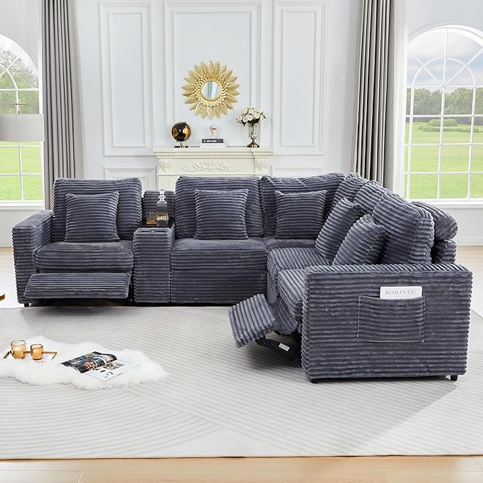 Oversized Modular Sectional Sofa with 2 Power Reclining, Electric Recliner Couch with Storage Console and Adjustable Headrest, Plush Corduroy Fluffy 5 Seat Corner Sofa for Living Room-Blue Grey