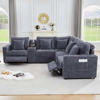 Oversized Modular Sectional Sofa with 2 Power Reclining, Electric Recliner Couch with Storage Console and Adjustable Headrest, Plush Corduroy Fluffy 5 Seat Corner Sofa for Living Room-Blue Grey