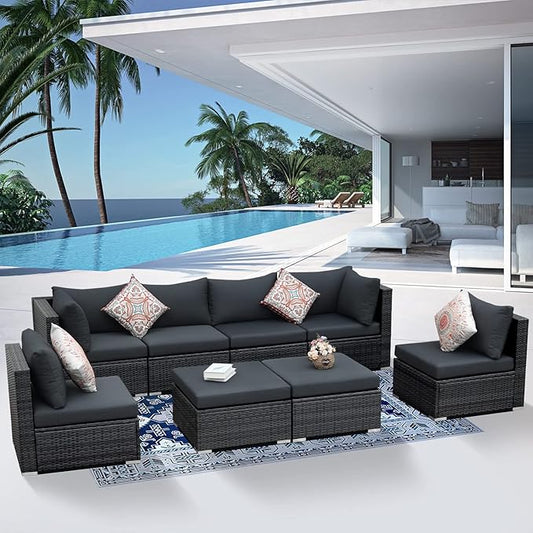 NICESOUL 8 Seater Modern Luxury Outdoor Furniture Set, Extra Large PE Wicker Patio Modular Sectional Sofa with Ottoman, 29.3'' High Back L-Shaped All-Weather Conversations, Deep Seated Grey Color