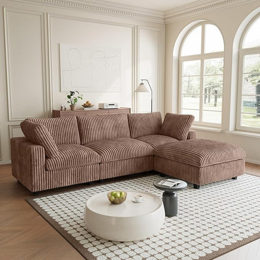 Modular Sectional Sofa, L Shaped Sofa with Chaise Ottoman, Deep Seat Cloud Sectional Couch, Couch Cushion Covers Removable, Comfy Modular Sofas for Living Room, Office, Apartment, Brown