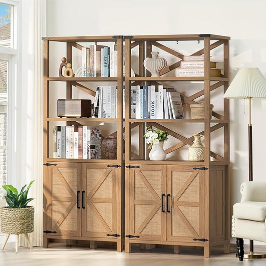 5 Tier Bookshelf 70" Rattan Boho Tall Bookcase with Barn Doors,Farmhouse Display Book Shelf with Adjustable Shelves and Storage Cabinet,Wood Bookshelves for Living Room,Kitchen,Natural (2PCS)
