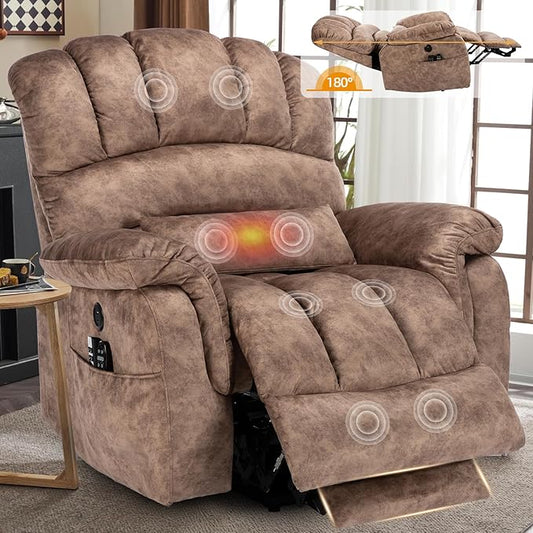 Tall Man Oversized Dual Motor Power Lift Recliner w/Heat Massage, Large Lay Flat Sleeper Electric Recliner with Extended Footrest for Elderly, Lumbar Pillow, USB & Type-C Ports, Plush-Brown