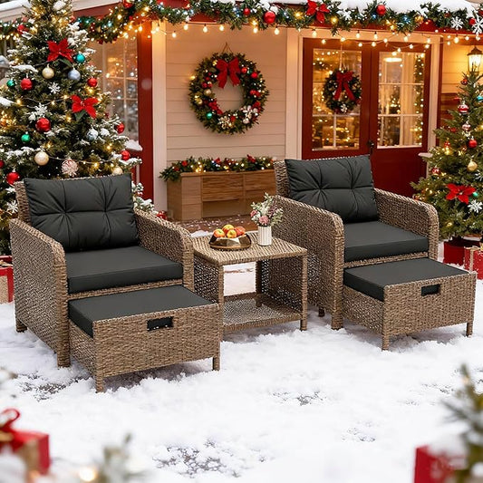 Balcony Furniture 5 Pieces Patio Set, Hand-Woven Rattan Patio Conversation Set with Soft Cushions & Coffee Table, Outdoor Chairs with Hidden Ottoman for Porch, Lawn, Garden, Balcony, Black