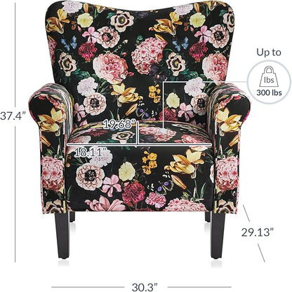 BELLEZE Modern Accent Chair for Living Room, High Back Linen Armchair with Wooden Legs, Upholstered Wingback Side Chair Padded Armrest Single Sofa for Living Room, Bedroom - Allston (Black & Flower)