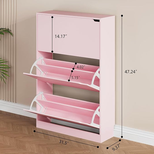 Shoe Storage Cabinet, Wood Shoe Organizer for Entryway with 3 Flip Drawers, Freestanding Shoe Rack with Adjustable Shelf, Narrow Shoe Dresser for Front Door Entrance(Pink, 47.2" x 31.5" x 9.25")