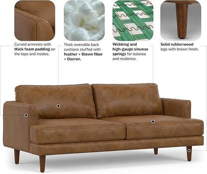 SIMPLIHOME Livingston 76-inch Wide Sofa in Caramel Brown Top Grain Genuine Leather, Handcrafted Mid-Century Modern Loveseat for Living Room, Compact 2-Seater with Feather-Wrapped Cushions