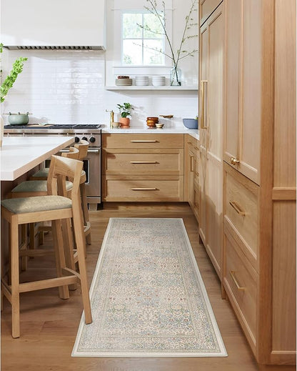 RUGGABLE x Morris & Co Machine Washable Runner Rug – Blackthorn Ivory Blue 2.5x7, Stain-Resistant, Non-Slip – Washable Rug for Hallway, Entryway, Living Room & Kitchen–with Standard Pad