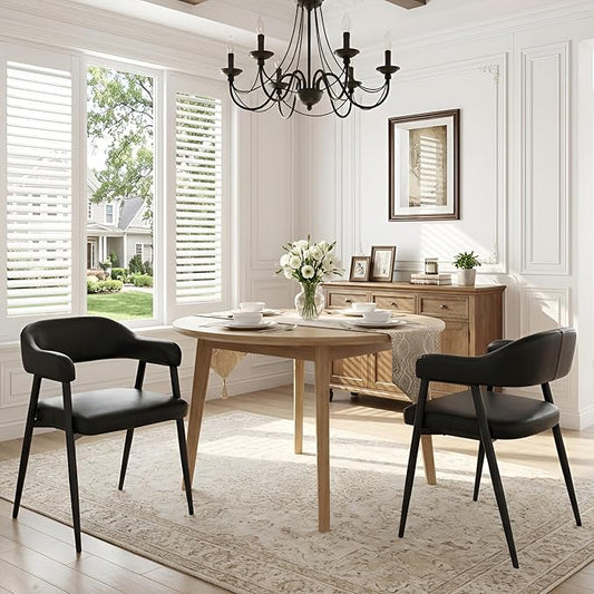 HNY Modern Dining Room Arm Chairs Set of 2, Retro Faux Leather Upholstered Barrel Dining Chairs with Arms Mid-Century Black Accent Chair with Metal Legs, Open-Back Kitchen Side Chair for Living Room