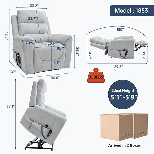 Power Lift Recliner Chair for Elderly People, Dual Motor Lay Flat Recliner with Vibration Massage and Heat, Heavy Duty Motion Mechanism Standing Assistance Reclining Chair, Chenille Fabric Light Gray