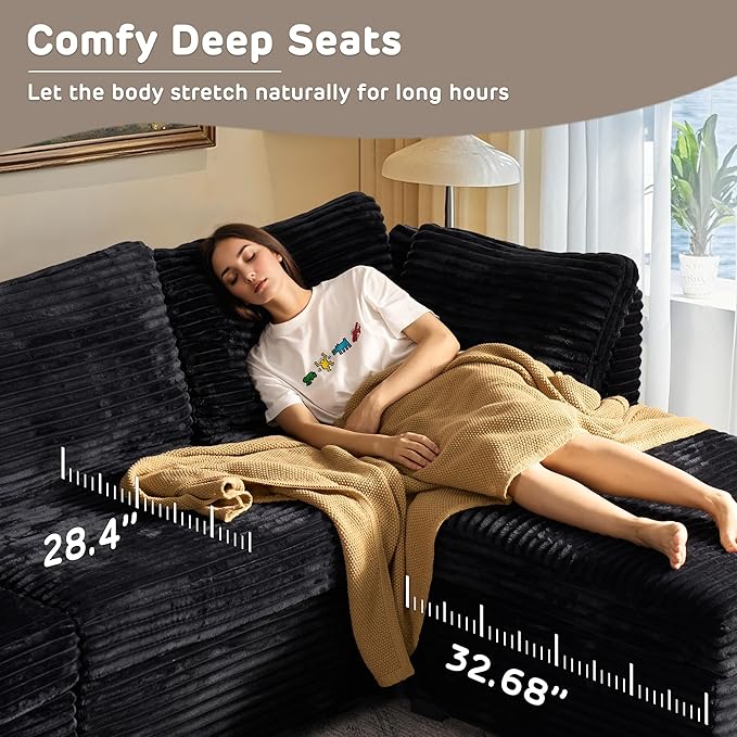 130'' Modern Modular Sectional Sofa with Ottoman, 7 Pieces L Shaped Cloud Couch for Living Room, Oversized Deep Seat Convertible Sofa Set, Plush Corduroy Black