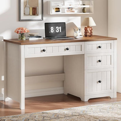 Vabches Farmhouse Executive Desk with Drawers, Home Office Desk with Storage Cabinet and File Drawer, Wood Computer Desk with Storage, Rustic Office Desk for Work Study Writing, Brown White