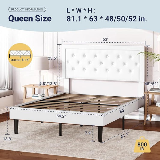Allewie Queen Size Velvet Upholstered Bed Frame with Adjustable Headboard, Diamond Tufted Design, Wood Slat Support, Noise-Free EVA Strip, Easy Assembly, White