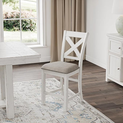 Signature Design by Ashley Robbinsdale Farmhouse Upholstered Barstool, Set of 2, X-Back, Nailhead Trim, Wood, 24.75" H, White & Light Gray