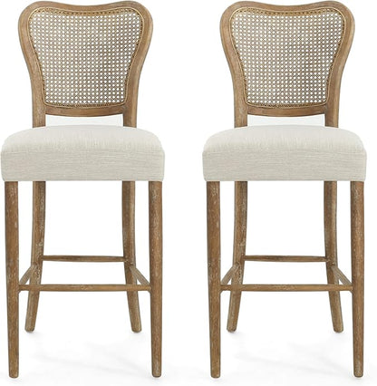 Christopher Knight Home Collda Modern Upholstered Barstools, Wicker Backrest, Vintage Classic Style for Home Bar, Living Room, Kitchen Counter (Set of 2), Dark Brown+Beige