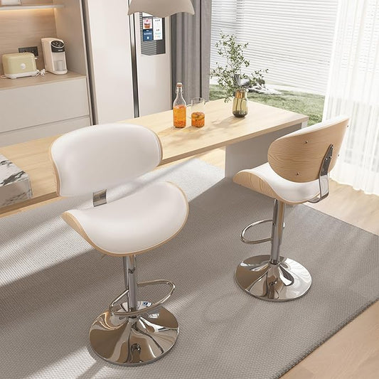 Bar Stools Set of 2, Bar Stools for Kitchen Island with Bentwood Back and Leather Seat, Swivel Barstools for Kitchen Counter, Bar, Snow White