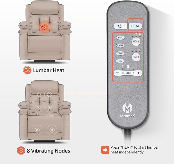 MCombo Small Triple Motor Power Lift Recliner Chair with Massage and Heat for Petite Elderly People, Adjustable Headrest, Infinite Position, USB Ports, Fabric 7664 (Beige, Small)