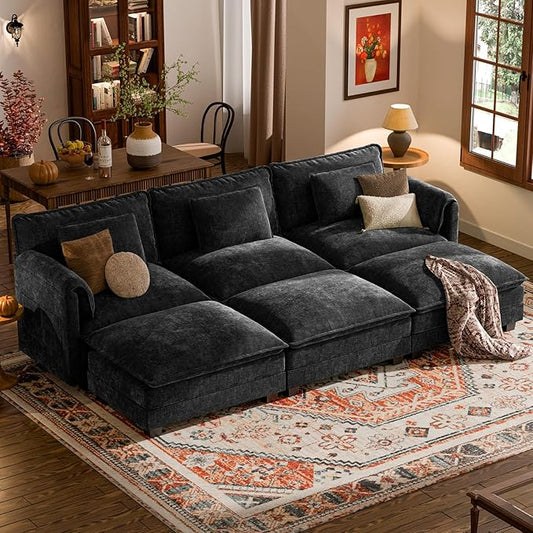 ELUCHANG 116" Luxury Modular Sectional Sofa, Comfy Deep Seat Cloud Couch, Sleeper Sofa Bed, 6 Seat Modern Couch with Removable Cover for Living Room, Apartment, DIY Combination, Chenille Black