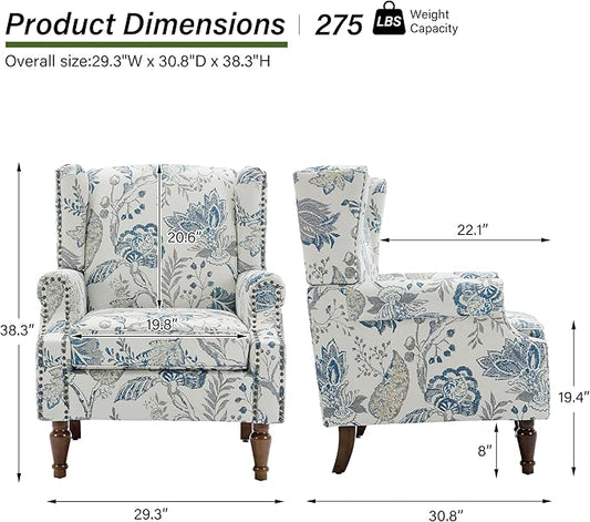 Accent Chair, Upholstered High Back Floral Armchair with Nailhead Trim & Wood Legs, Comfy Wingback Reading Single Sofa Chair for Small Spaces, Living Room, Bedroom ( Plants Blue Floral, Set of 2)