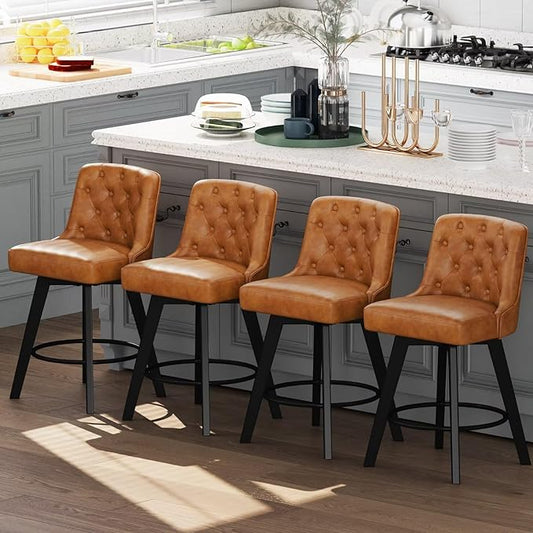 MINCETA Bar Stools Set of 4, PU Leather Barstools, 26 Inch Upholstered Counter Stools with Low Tufted Back and Footrest, Swivel Counter Height Barstools for Kitchen Island Home Bar Brown