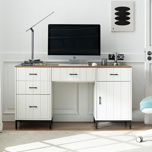 55" Executive Desk, Modern Wood Office Table with Charging Station, 5 File Drawer & 1 Storage Cabinet, Home Computer Writing Desk for Work Study, Living Room, Bedroom (White)