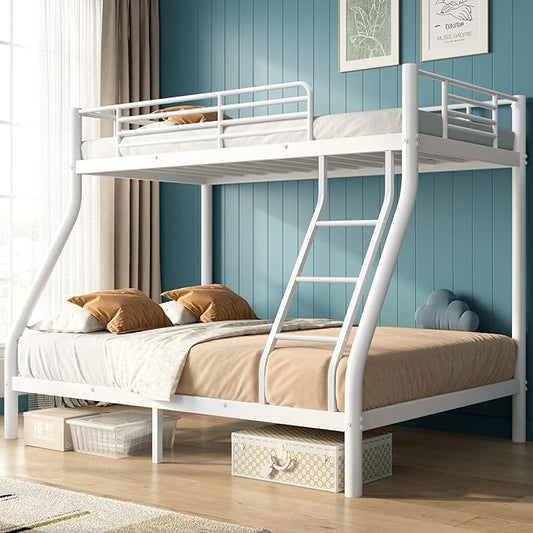 Bunk Beds Twin Over Full Size, Heavy Duty Metal Bunk Bed Frame with Angled Ladder for Teens and Adults, for Spaces-Saving, Smooth Rounded Edges, Noise Free & Easy Assembly, White