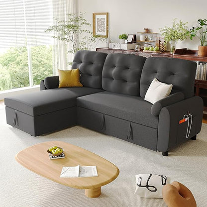 Ucloveria Sleeper Sofa Bed, 86" Convertible Sectional Sofa Couches for Living Room, Pull Out Couch Bed with Reversible Storage Chaise | USB Ports | Side Pockets | Removable Backrest