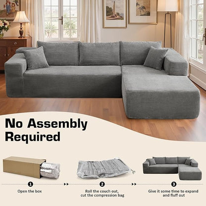 106" Cloud Sectional Couch with Chaise Lounge,L Shaped Modular Modern Sofa,Comfy Corduroy Fluffy Couches with Deep Seat,No Assembly Required Couch for Living Room(Right,Stripe Corduroy,Gray)