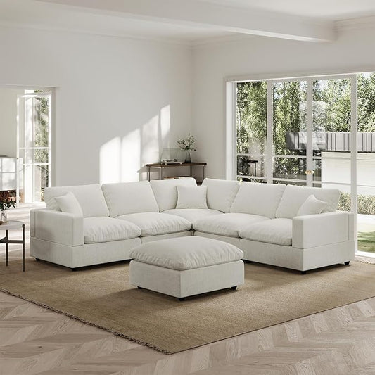 Modern Sectional Linen Couch for Living Room V-Shape Sofas,6 Seat Modular Cloud Sofas with Ottoman,Couches Cushion Covers Removable,Cozy Feather Down Sofa for Apartment Cream White