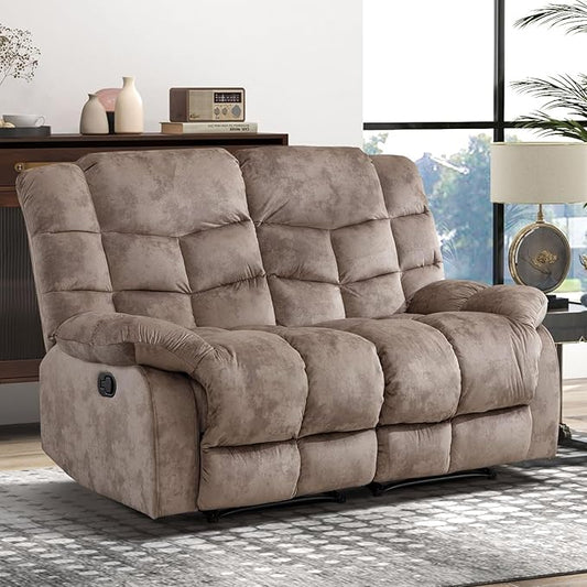 CANMOV Manual Loveseat Recliner, 2 Seat Recliner Sofa Chair with Armrest and Overstuffed Backrest, Couch Set for Living Room, Bedroom, Office, Light Brown