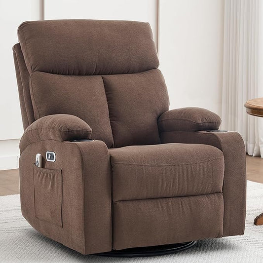 Power Swivel Rocker Recliner Massage Chair for Adults, Electric Rocking Recliner Glider Chairs for Living Room with USB and Type-C Ports,Fabric Reclining Sofa Chair (Mocha Brown)