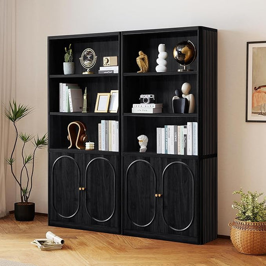 70.8" Tall Fluted Bookshelf with Storage Cabinet Set of 2, Modern 5-Tier Wood Bookcase with Open Display Storage Shelf, Gold Handles for Office Living Room (Black)