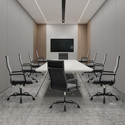 Office Chair, Ergonomic Executive Conference Room Chairs, Ribbed Leather Desk Chair with Lumbar Support, Adjustable Height Mid-Back Swivel Chair with Padded Seat and Square Tube Armrests