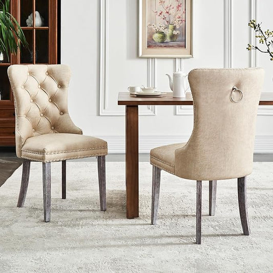 Leather Dining Chair Set of 2, Dining Room Chairs with Nailhead Ring Pull Trim, Upholstered Dining Chairs with Solid Wood Legs for Kitchen Dining Room (Beige)