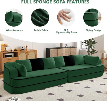 135" Modular Sectional Couch, 4-Seater with Throw Pillows Modern Teddy Fabric Foam Boneless Sofa for Living Room, Oversized with Deep Seat, No Assembly Required,Green