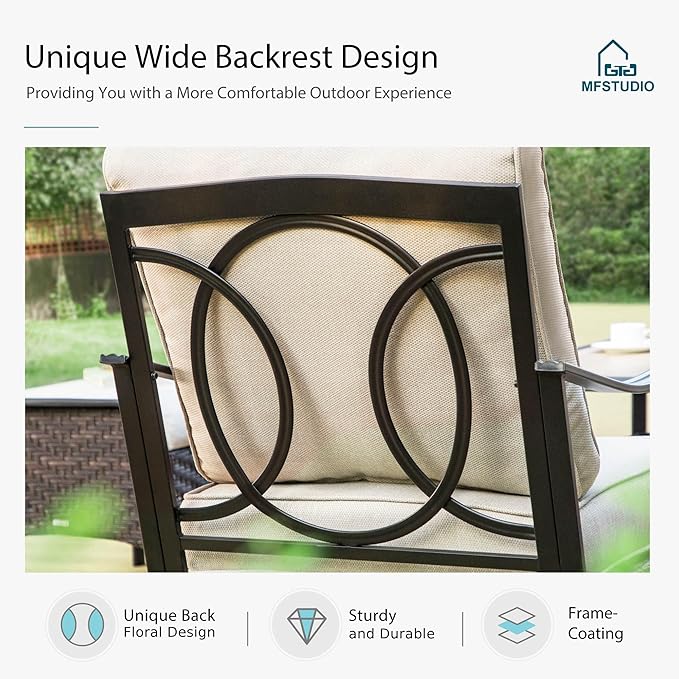 MFSTUDIO 6 PCS Outdoor Patio Furniture Set, Metal Outdoor Conversation Set, Rattan Wicker Patio Sectional Sofa Set with 2 x Swivel Single Sofa, 3-Seat Sofa, 2 x Ottoman, 1 x Coffee Table, Beige
