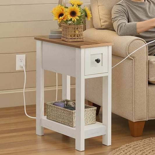 VASAGLE Narrow Side Table with Charging Station, Farmhouse End Table with Storage Drawer, Nightstand, Superfast Toolless Assembly, for Living Room, Bedroom, Honey Brown and Rustic White ULET328W01