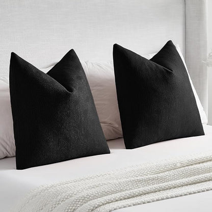 FUTEI Black Chenille Decorative Throw Pillow Covers 12x20 Inch Set of 2,Soft Cozy Striped Geometric Patterns Lumbar Pillow Cases,Modern Home Decor for Couch Bed Living Room