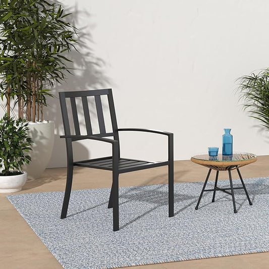 PHI VILLA Metal Outdoor Dining Chairs Set of 2 - Stackable Black Patio Chairs, 300lb Capacity (Stripe)