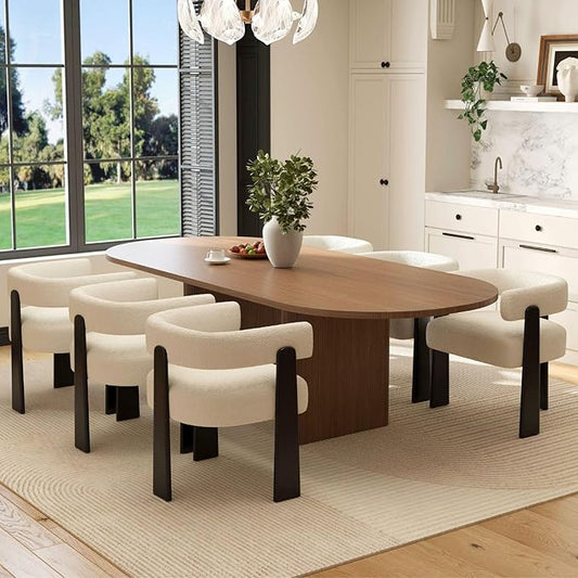Modern Boho Dining Chairs Set of 6, White Boucle Upholstered Barrel Armchairs with Plush Teddy Fabric, Solid Black Wooden Legs, Mid-Century Accent Chairs for Dining Room, Living Room, Kitchen