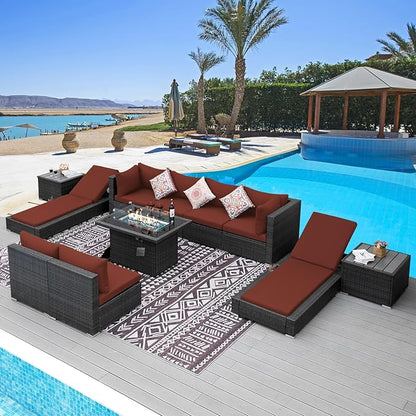 NICESOUL 11 Piece Outdoor Conversation Set with Firepit Propane/Gas, 29.3'' High Back Comfortable Patio Furniture Set w/Chaise Lounger, Large Deep Couches for Outside, 2 Color Cushion Burgundy & Gray